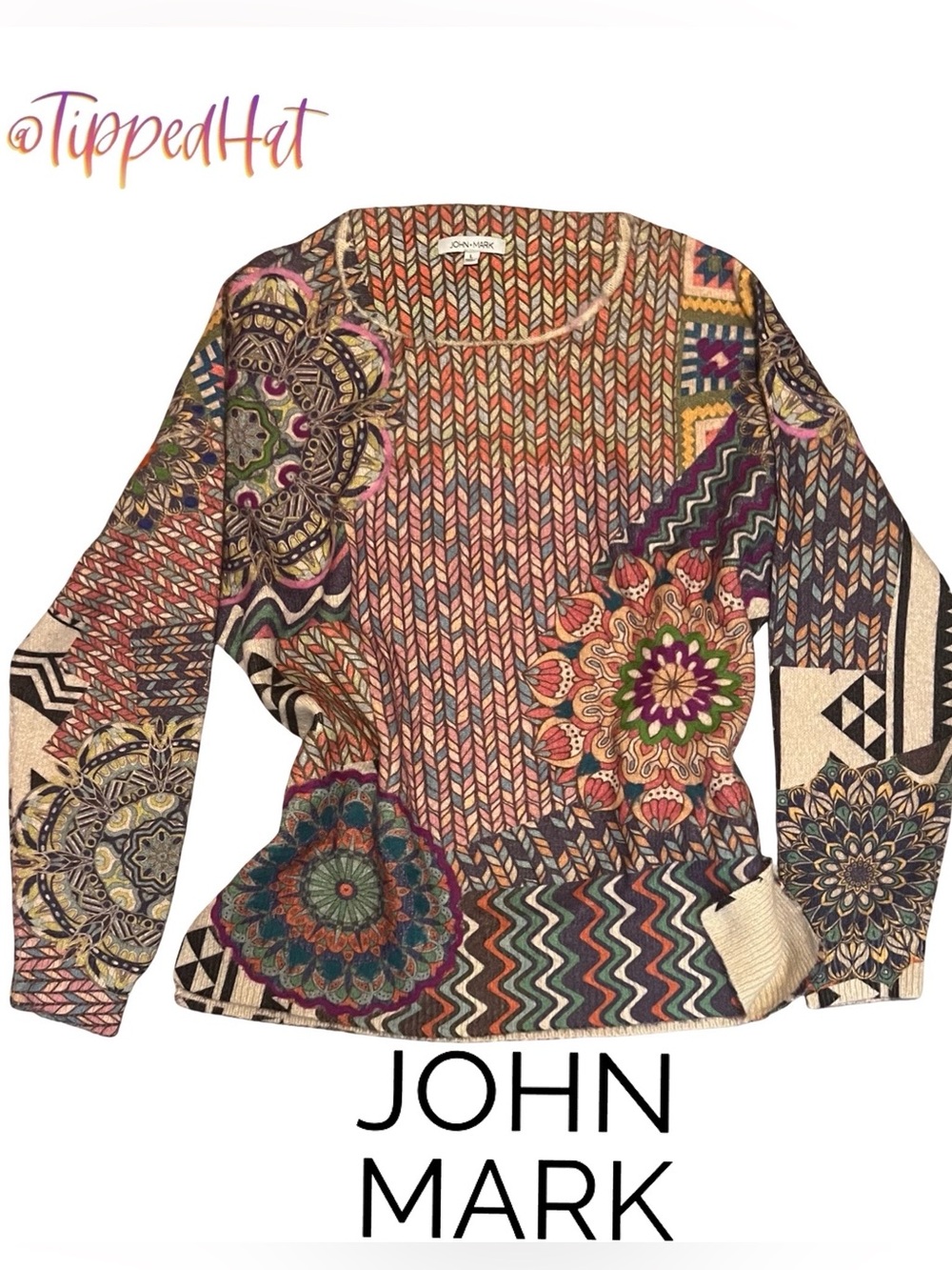 John Mark Patchwork Mandala Knit Sweater Top L. NWT $119
